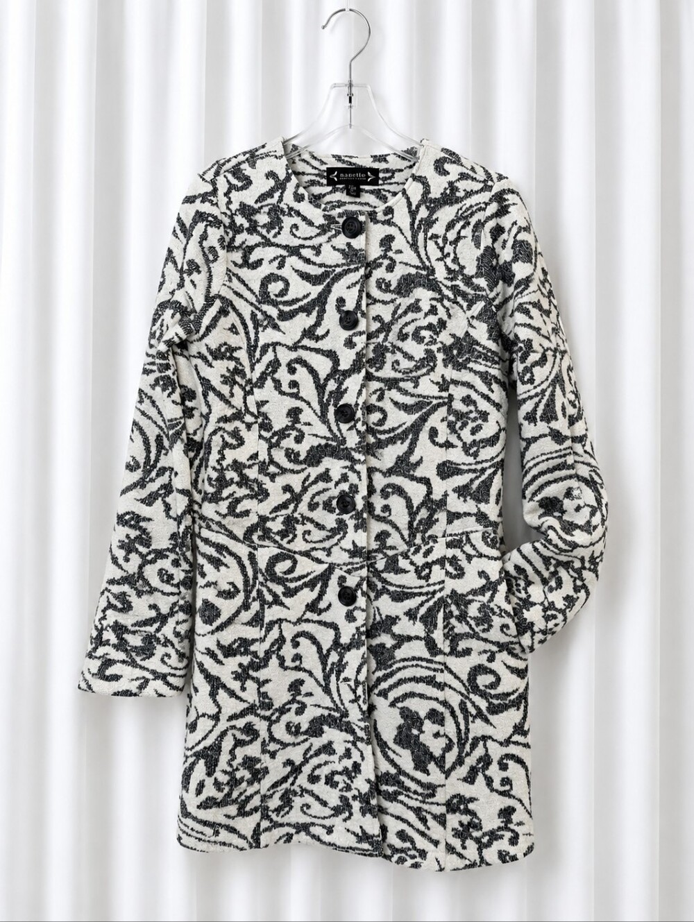 Nanette Lepore Damask Wool Blend Charcoal Gray Off White Jacquard Chic Knit Coat